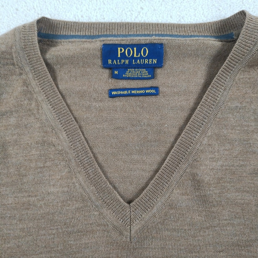 POLO Ralph Lauren Sweater Men's Med Brown Washable Merino Wool V-Neck Liteweight - Picture 3 of 13